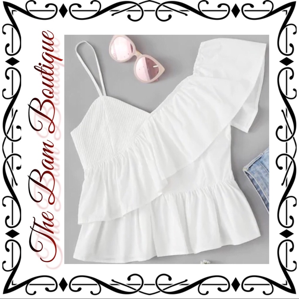 Ruffle Trim Asymmetrical Shoulder Top